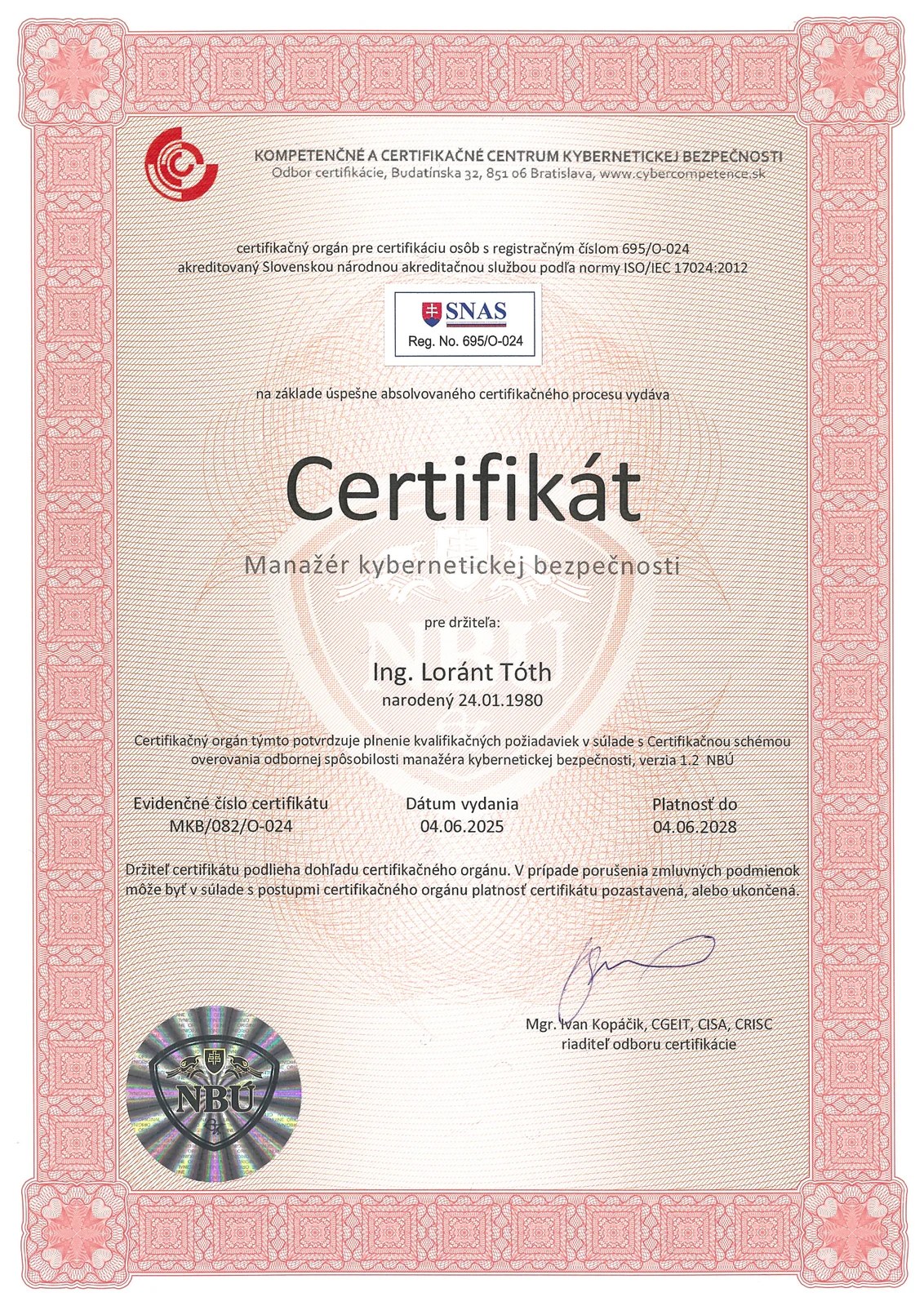 Náhľad dokumentu - Certifikát - Manažér kybernetickej bezpečnosti